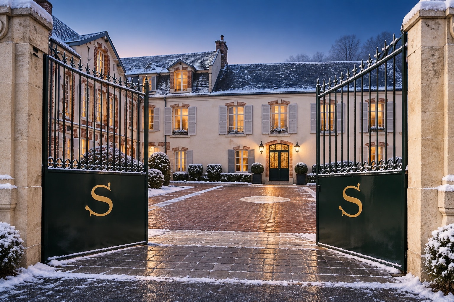 Champagne Salon’s historic house framed by open green gates on a snowy winter morning