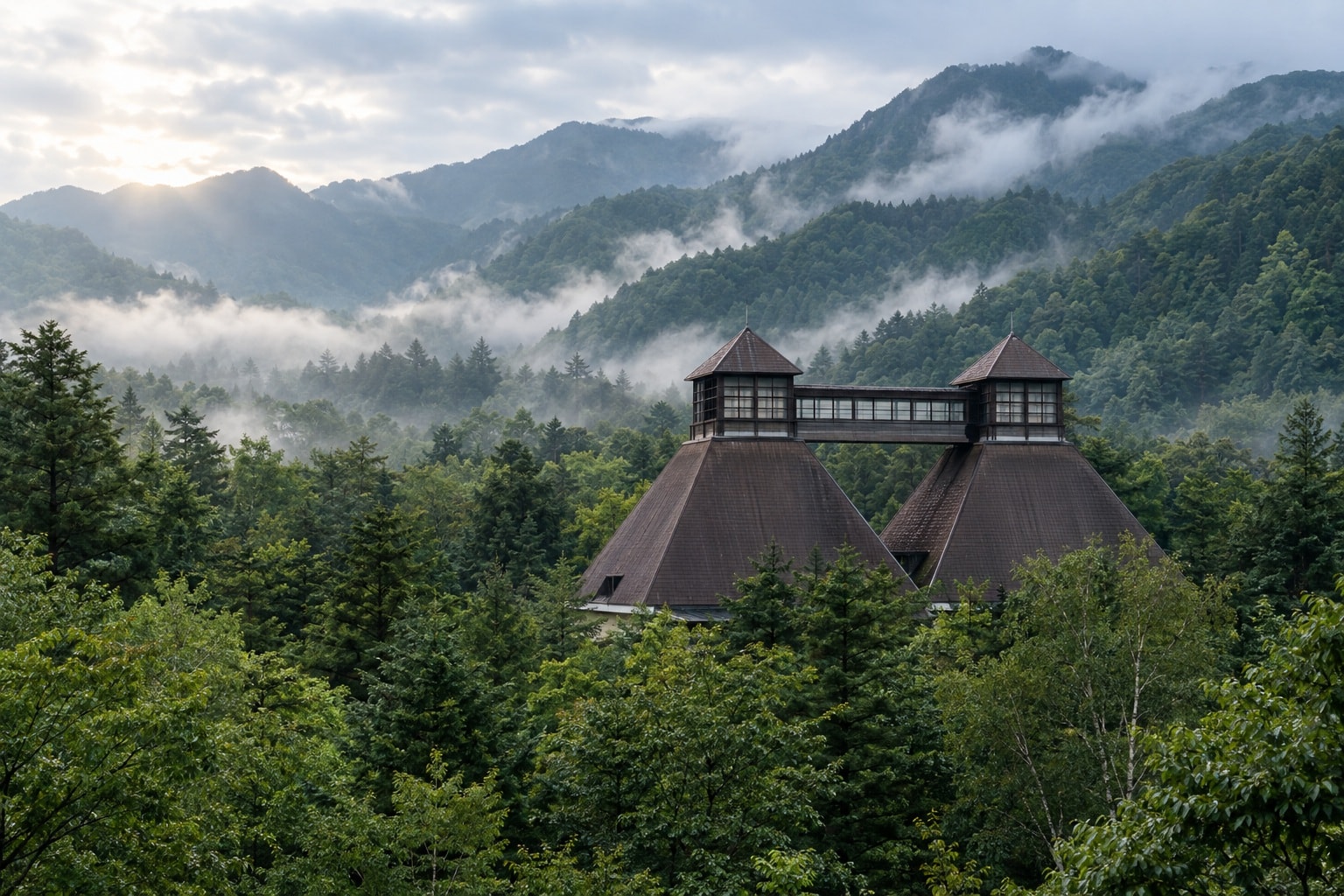 Hakushu Distillery surrounded by misty mountain forest at dawn in Yamanashi, Japan