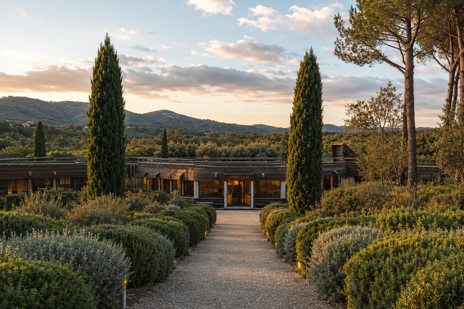 Ornellaia estate entrance framed by cypress trees at early evening in Bolgheri, Tuscany