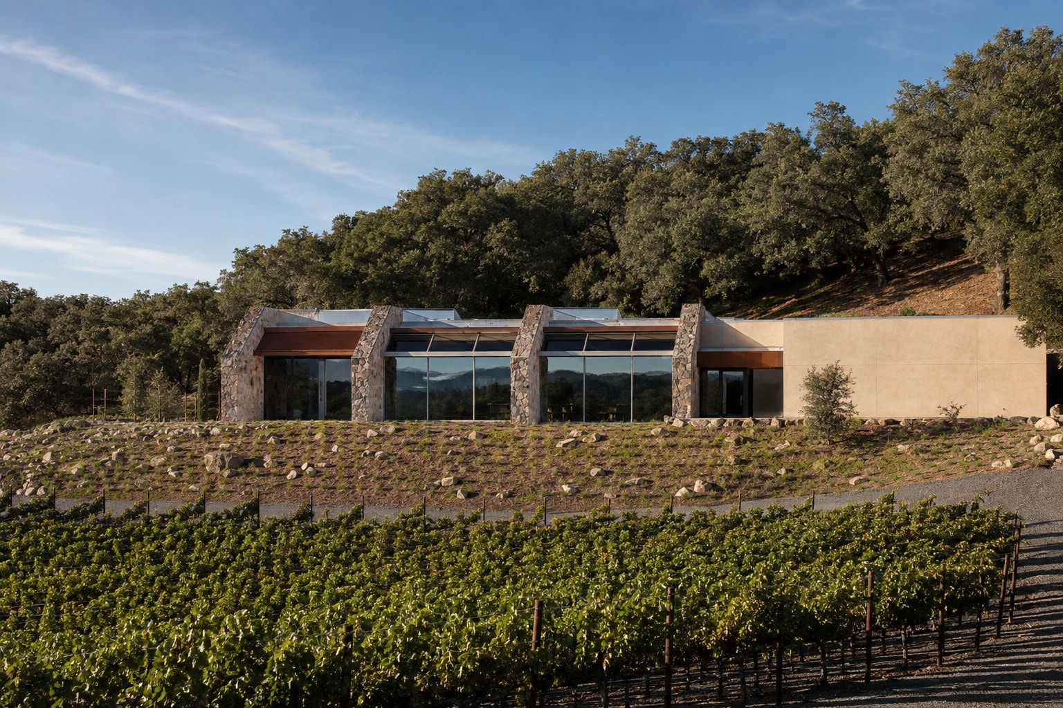 Stag’s Leap Wine Cellars visitor centre overlooking vineyards in Napa Valley, USA